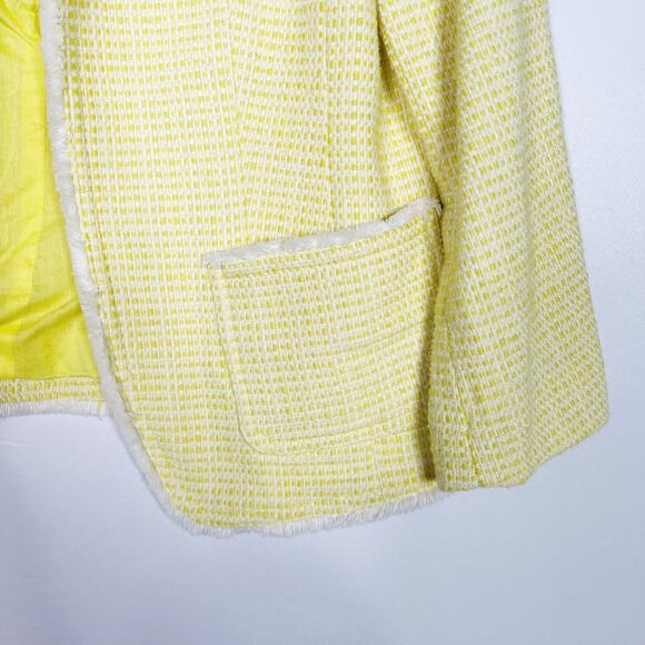 LOFT Medium M Yellow White Tweed Open Front Blazer Jacket Cotton Work Office - Picture 3 of 9